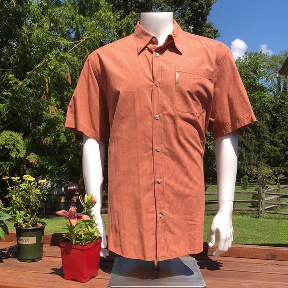 Columbia XCO Mens XL Shirt Short Sleeve Button Up Coral and White Color Checks - Picture 2 of 9